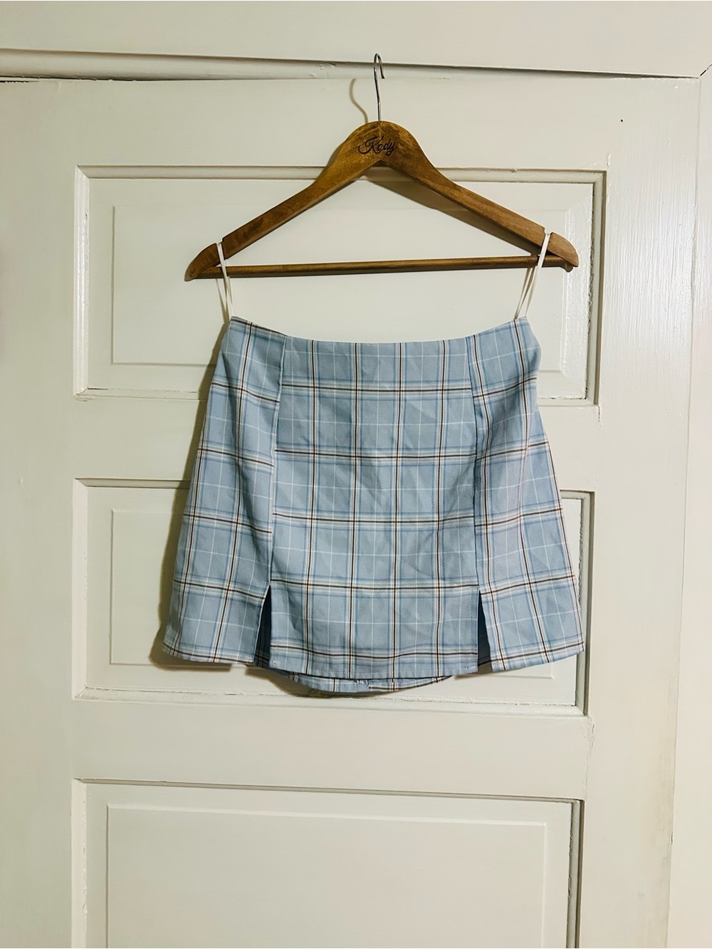 ROMWE Light Blue Plaid Mini Skirt with Front Slits - School Girl Skirt